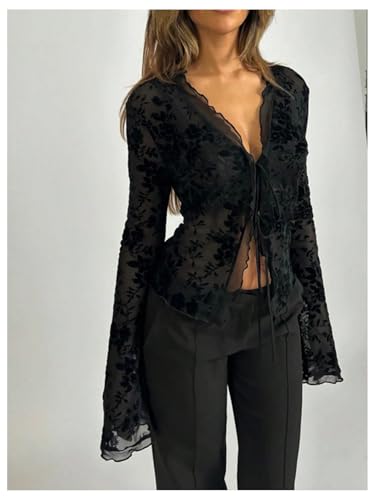 GORGLITTER Women's Tie Front Tops Gothic Sheer Mesh Bell Long Sleeve See Through Fall Blouses Tops Soft Grunge Outfit2