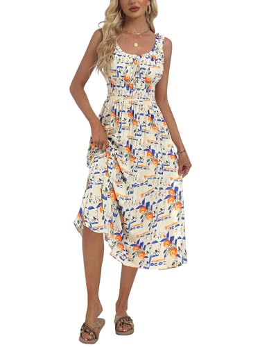 Image of FENSACE Sun Dresses for Women 2025 Vacation Summer Midi Flowy Orange Floral Spring Sleeveless Smocked Waist Easter Dresses for Women