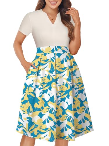 Image of YATHON Womens Elegant Print Notched Neck Slant Pocket Pleated Hem Casual A-Line Dress