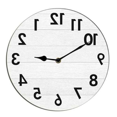 Horienteeon Reloj de pared al revés, números arábigos, reloj de baño de madera, funciona con pilas, silencioso, para sala de estar, decoración redonda, 25,4 cm