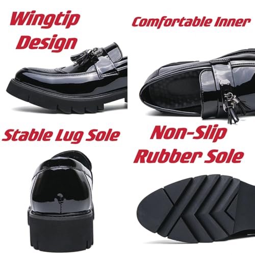 Mens Faux Patent Leather Tassel Slip-On Dress Loafers with Brogue Modern Wingtip Platform Lug Sole Penny Shoes for Business Party Formal3
