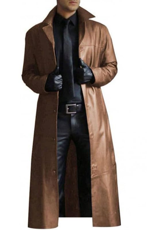 Mens Leather Trench Coat Full Length Brown Classic Faux Leather Long Coat