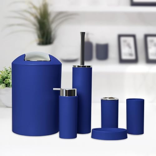 LOL-FUN 6 個セット バスルームアクセサリーセット ソープディスペンサー ギフト ゴミ箱 モダン リンスカップ 実用的 トイレブラシ バスルーム用品, 濃紺
