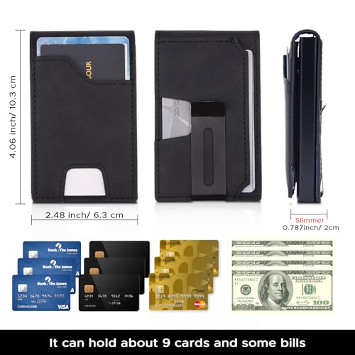Flycalf Wallet for Men RFID Minimalist Money Clip Wallet Fathers Day Gift 9-Card Quick-Push Access Card Wallet (Black)4