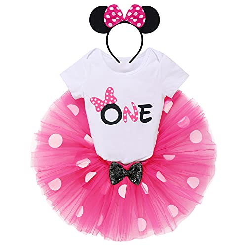 Baby Girls One 1st Birthday Outfit Mini Polka Dots Romper Tutu Dress Mouse Headband Princess Skirt One Years Old Clothes Set for Kids Summer Fancy Cosplay Halloween Photo Shoot Hot Pink-Black 1T