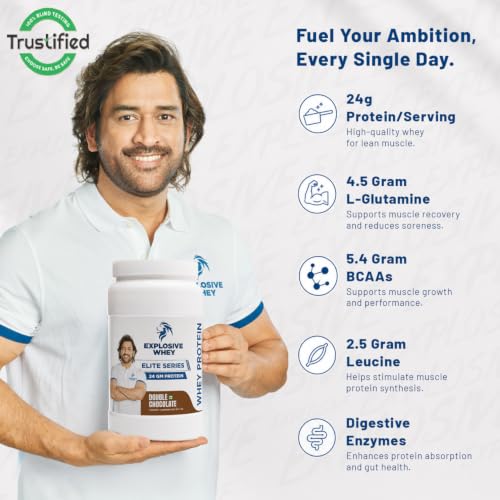 Image of Explosive Whey Elite Series Whey Protein - Trusted by M.S. Dhoni | 24g Protein per Scoop | Premium Concentrate Sport Supplement for Enhanced Muscle Growth and Recovery | Double Chocolate - 2kg (60 Servings), Trustified Certified