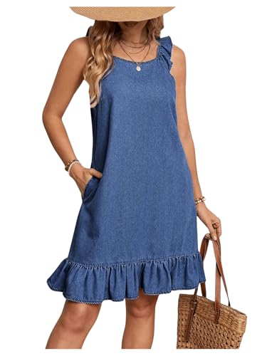 Image of Floerns Women's Ruffle Trim Sleeveless Tank Denim Dress Vacation Scoop Neck Jean Dresses