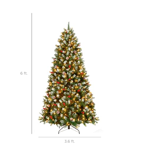 Image of Best Choice Products Pre-Lit Christmas Tree, 6Ft Frosted Pre-Decorated Spruce Artificial Holiday Decoration w / 250 Twinkling LEDs, Pinecones, Berries, Metal Base
