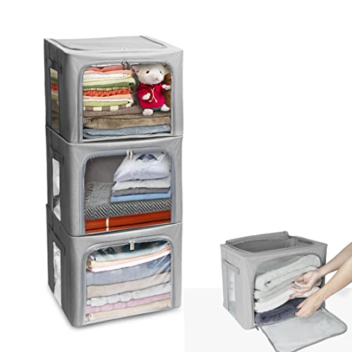 Image of Stackable Clothes Storage Box for Clothing Gadgets,Steel Frame Storage Bins for Toys Gift,Foldable Oxford Fabric Closet Organizer Bag Set w/ Carry Handles Clear Window (Medium- 40L x3 Pack, Grey)