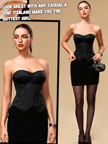 Corset Top for Women, Sexy Lace Up Overbust Bustier, Strapless Zipper Side Tops, Office Club Going Out Outfits4