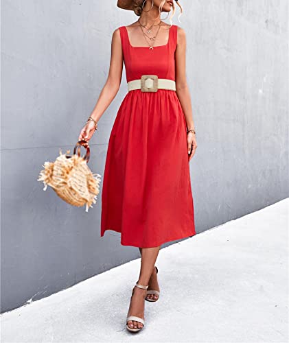 Image of xxxiticat Women's Square Collar Casual Dress Sleeveless Pleated A-Line Summer Beach Boho Elegant Backless Midi Dress