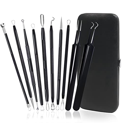 Fangze Pimple Popper Tool Kit, 10 pcs Blackhead Remover Tools Stainless Steel Comedone Extractor Blackhead Tweezer for Women Men Face Blemish Whitehead Zit with Leather Bag