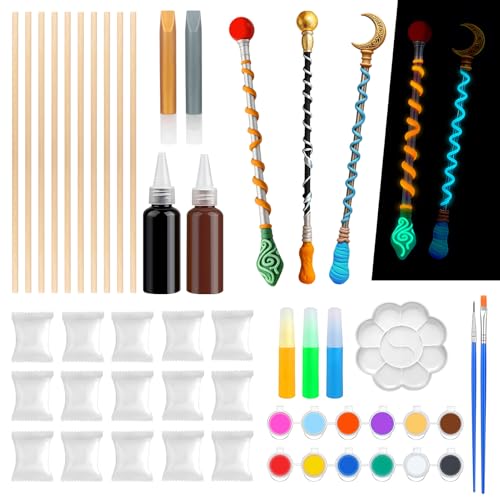 AllisWay 38 Pezzi Bacchetta Magica Kit Bricolage, 10 Bastoncini Bacchette Magiche in Legno, Bacchetta di Halloween, Kit fai da te, Perfetto per Feste di Halloween e Giochi di Ruolo