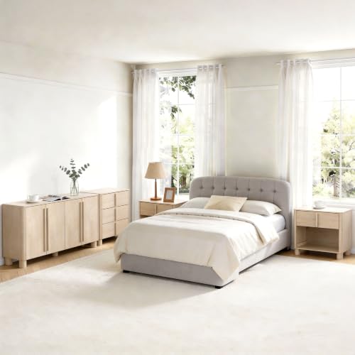 Image of Caldera Collection 3-Piece Furniture Set, Faux Marble & Wood Storage Set with Nightstand, 3 Drawer Accent Cabinet and 4 Door Sideboard Buffet Cabinet, Curved Design with Rounded Body, Natural Wood