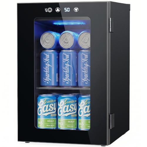 Image of 24 Can Beverage Refrigerator, Countertop Mini Fridge with Glass Door, Black | 40-61F, Compressor Cooling, Quiet Operation, 360 Air Circulation, Removable Shelf, Fits Bedroom, Office, Dorm, Home Bar