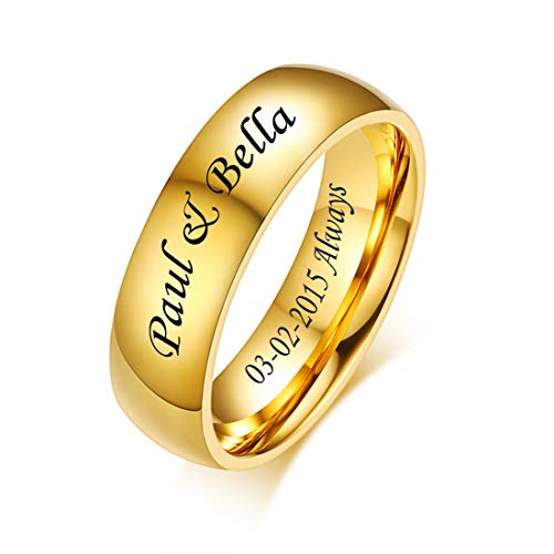 MZZJ Free Personalized Engraved Nickname Date Coordinates Roman Numerals 8MM/6MM High Polish Stainless Steel Dome Engagement Ring Wedding Band,Anniversary Valentine's Day Gift for Him Her