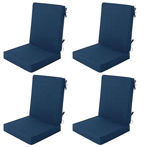 Image of Outdoor Chair Cushions 20x20, Water-Resistant & Fade-Resistant, Patio Furniture Lawn Dining Chair Seat Replacement with High Back, Ties Zipper, Removable Cover, Set of 4, Navy Blue