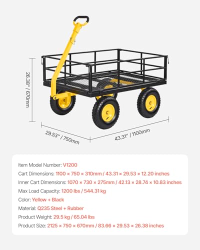 Image of VEVOR Steel Garden Cart, 1200 lbs Heavy Duty Pullable Garden Wagon Yard Cart, 2 in 1 Outdoor Metal Utility Wagon Yard Trailer with 13 inch All Terrain Tires, Mesh Detachable Sides and 180 Rotating Handle
