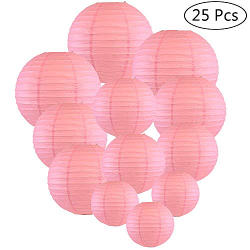 Lanternes en Papier, 25 Pièces Lampion Papier Pink Suspensions Ronde 4" 6" 8" 10" 12" Lampes en Papier Boule pour Décoration de Mariage, Maison, Anniversaire,Fête etc(Tailles Assorties)