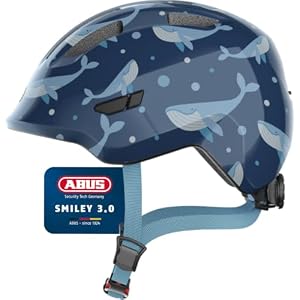 ABUS Kinderhelm Smiley 3.0 - Fahrradhelm mit tiefer Passform, kindergerechten Designs & Platz für einen Zopf - für Mädchen und Jungs - Blau mit Wal-Muster, Größe S