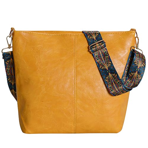 Namenand Umhängetasche Damen Große Leder Crossbody Bag Damen Moderne Taschen mit Breiter Gurt Leder Hobo Bag Shopper Tasche mit Abnehmbarem Schultergurt für Alltag, Schulausflug und Einkauf - Gelb