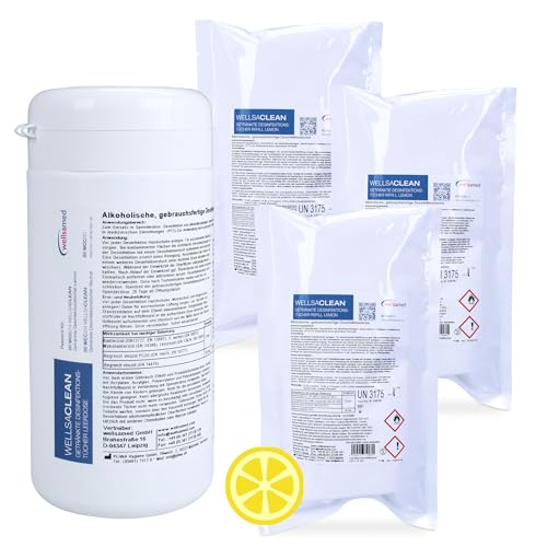 wellsaclean Desinfektionstücher Set zur Schnelldesinfektion | Inhalt: 1 praktische Spenderdose + 3 Nachfüllbeutel zu je 120 gebrauchsfertigen Tüchern (360 Stück) | Duftvariante: Zitrone/Lemon