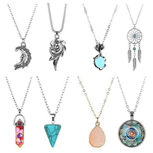 K&Q 15pcs Chakra Healing Necklace Set for Women - Natural Crystal Sun Moon Pendant & Carnelian Beaded Bohemian Jewelry Vintage Aesthetic Sunflower, Yoga Spiritual Necklaces Gift (Boho Retro Style)2