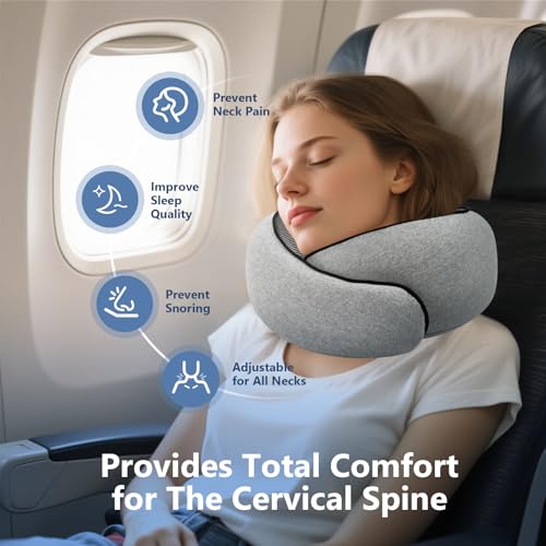 Purroch Neck Pillow Airplane, Travel Pillow with Eye Mask & Earplugs, Memory Foam Pillow with Adjustable Velcro Strap, Pillows for Travel, Plane, Car, Home, Work, Light Grey image 2