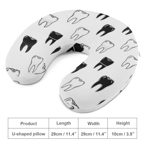 Image of Pain Relief Travel Neck Pillow Dentistry Teeth Pattern White, Memory Foam U Shaped Support, Breathable Zip Cover for Airplane Car Office Men Women