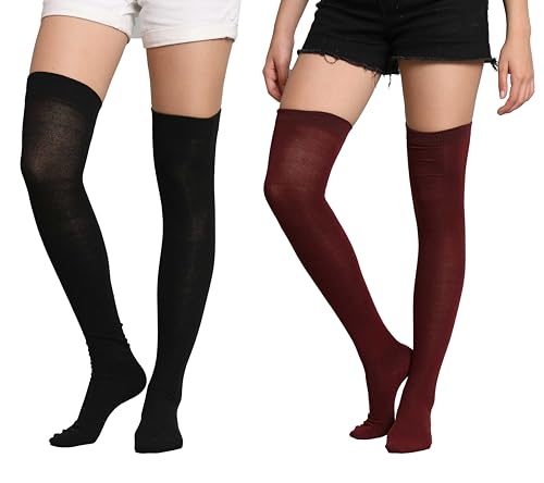 Image of TRAZO Women's Thigh High Socks Over the Knee High Knitted Casual Boot Socks, Stiped Long Fashionable Stockings (Pack of 2)