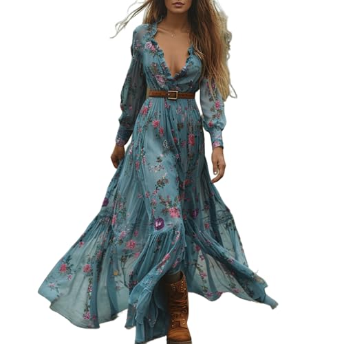 Western Dress Country Dress for Women Long Vintage Maxi Dresses Deep V Neck Western Bohemia Dresses 2026 Elegant (Small,Blue Flower-a)
