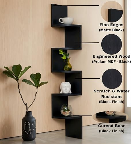 Image of 5-Tier Zigzag Corner Wall Mount Shelf, Modern Wooden Floating Corner Shelf, Space Saving Wall Storage for Living Room, Bedroom, Office, Books, Plants, Decor (Black, 5)