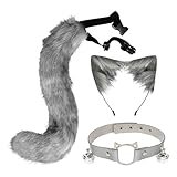 Gorbgle Cat Fox Wolf Ears, 3Pcs Furry Fox Ears and Tail, Collar Costume Set for Women, Faux Fur Animals Ears Headband for Halloween Party Cosplay Costumes Accessories, Dark Grey