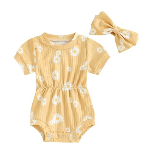 Image of FOCUSNORM Baby Girl Summer Clothes Ribbed Short Sleeve Romper Solid Color Bodysuits Bow Headband Outfit Newborn Girl Jumpsuit