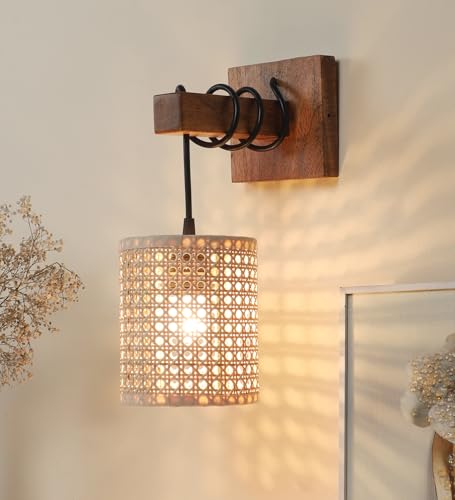 Image of AKWAY Rattan wall Lamps for Living Room | Bamboo wall Lights for Bedroom | Cane wall scones for Home Decoration (Bulb Not Included) (Rattan Eye Webbing Hang)