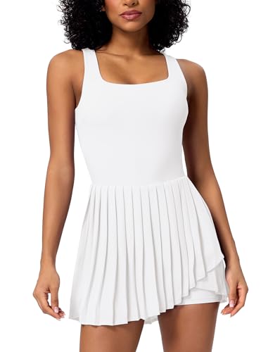 Vestido de tenis para mujer, sin mangas, plisado, vestido de golf con pantalones, bolsillo inferior, ropa de tenis, línea A, vestido de verano, mini vestido deportivo, ropa de tenis, Blanco, XS