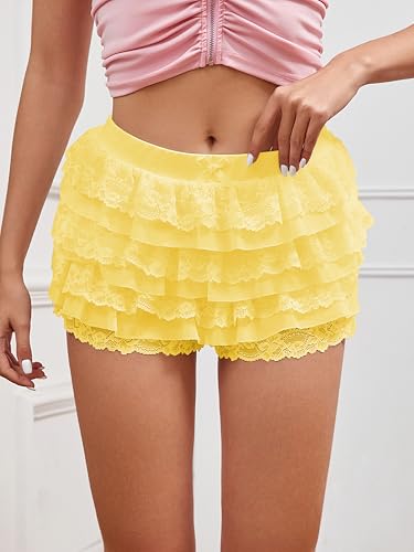 Image of Women Y2K Lace Multi-Layered Bloomers Lolita Ruffle Shorts Cute Mini Skirt | Tiered layers, elastic waist, pumpkin pants, for rave party /country concert /festival