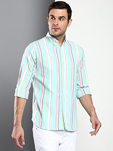 Image of Dennis Lingo Men's Striped Slim Fit Oxford Cotton Casual Shirt with Button Down Collar & Full Sleeves