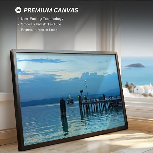 Image of ARTCREST Lake Garda Pier Painting Canvas Wall Art | Black Framed Scenic Lake Landscape Painting for Living Room, Bedroom or Office Walls | Large Decorative Canvas Wall Decor (16x20 Inches)