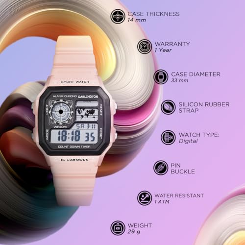 Image of Carlington Kids Digital Watch for Boys and Girls Age 2 to 12 Years Pink Green Black Colour Band with Alarm and Date Display - CT 321