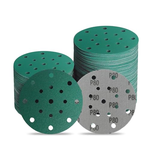 Image of 6 Inch 17 Hole 80 Grit Zirconia Alumina Hook & Loop Sanding Discs, Heavy-Duty Polyester Film Backing, Wet /Dry Anti-Clog for Random Orbital Sanders - Wood, Automotive, Metal - 50 Pack