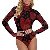MZERSE Fashion Long Sleeve Turtleneck Bodysuit Compatible with Steampunk Gears Red Love Heart, Breathable Stretch Bodysuits Jumpsuit for Fall, Medium