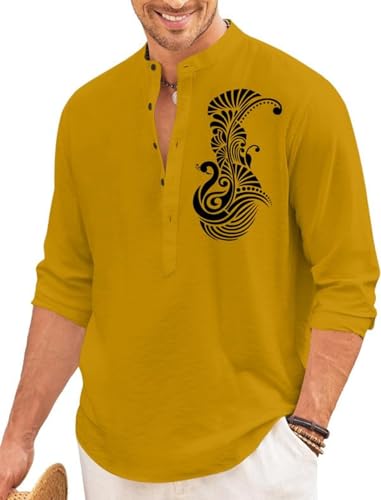 Image of FINIVO FASHION Men's Printed Cotton Blend Short Kurta with Artistic Chest Design | Stylish Full Sleeve Casual Kurta with Mandarin Collar for Daily, Travel Soft Textured
