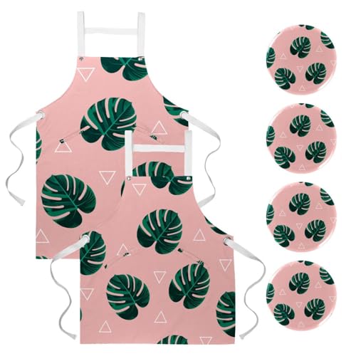 Lot de 2 tabliers de cuisine avec 4 broches motif feuilles tropicales roses