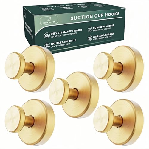 Upgraded Stainless Steel Suction Cup Hooks Heavy Duty Hooks For Shower Bathroom Accessories Removable Hook For Glass Window Door Wall Hooks For Hanging Towels Robes Wreaths (Pack Of 5, Gold)