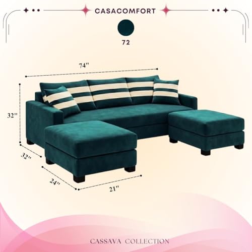Image of Kassian Rich Velvet Suede 3 Seater Sofa Set with 2 Ottomans | Spacious Soft Touch Comfort Seating | Modern Sofa for Living Room (Greenish Teal)