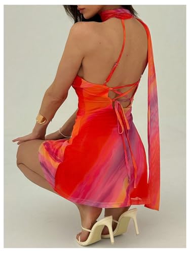 MakeMeChic Women's Mesh Tie Dye One Shoulder Mini Dress Backless Y2k Summer Dresses with Scarf2