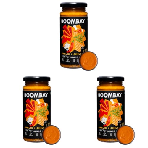 Image of BOOMBAY Garlic + Chilli Stir Fry Sauce 250g | Nothing Artificial | No Bad Oils | No Refined Sugars | Plant Based | Use in Sandwich or as a Dip, with Noodles or Burgers or Momos, Marinade (Pack of 3)