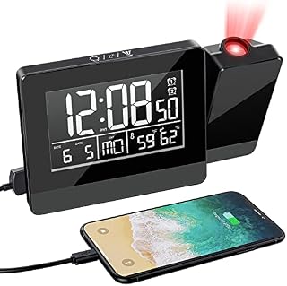 Geevon Projection Alarm Clock,Indoor Thermometer Hygrometer Digital Clock Ceiling Projector for Bedroom and Office,12/24H, Snooze, Dual Alarms,3 Levels of Brightness,USB Phone Charger