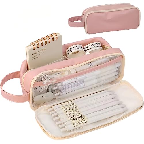 Image of Big Capacity Pencil Case 5 Compartments Large Pencil Pouch Pen Bag Pencil Box Holder Organizer Simple Storage Aesthetic Stationery Cosmetic for Adults Men Women College Office Essentials (Pink)